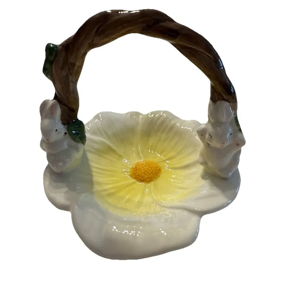 Ceramic Decorative Basket Floral Bunny Handle White Yellow Glossy China 5”